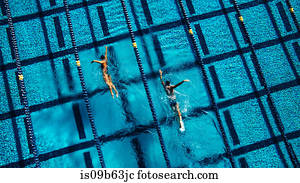 Overhead view of swimmers in pool