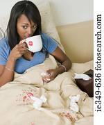 mulher, cama, com, gelado