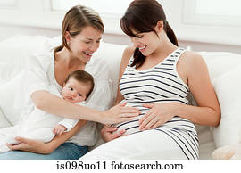 mãe, com, bebê, e, grávida, amigo