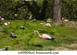 plástico, flamingos, ligado, gramado