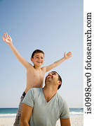 pai filho, desfrutando, tempo qualidade, junto, praia