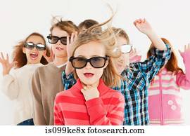 crianças, desgastar, vidros 3d