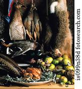 Rabbit, duck and pheasant still life