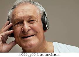 homem sênior, desgastar, fones, retrato