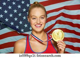 mulher jovem, frente, bandeira eua, com, medalha ouro
