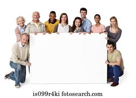 Group of people holding blank notice board