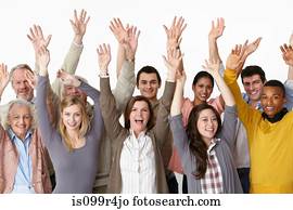 Group of people with arms raised