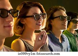 fila, de, pessoas, observar, 3d, filme, mulher, com, pipoca