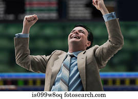 vrolijke, zakenman, op, stockexchange