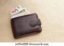Brown leather wallet with various currencies