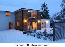 verlicht, familie huis, in, sneeuw