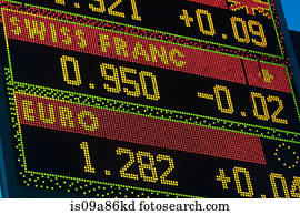 Foreign exchange display, Swiss Franc and Euro