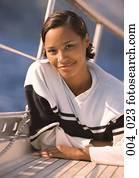 mulher, ligado, sailing barco