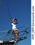 mulher, ligado, sailing barco