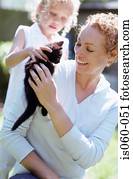 mãe filha, com, gato