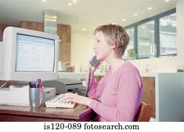 executiva, ligado, telefone, em, escritório