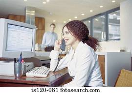 executiva, ligado, telefone, em, escritório