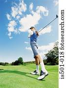 mulher, golfe jogando