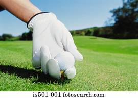 mão gloved, com, bola golfe