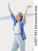 esticar mulher, por, a, mar