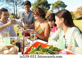 família come, em, jardim