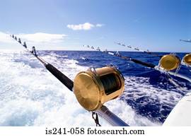 carretéis pesca, ligado, bote