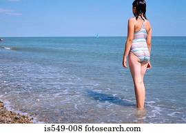 menina, ficar, em, a, mar