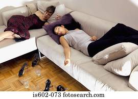 mulheres, dormir, ligado, sofá