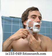 homem, raspar, em, a, espelho