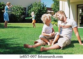 família, em, jardim