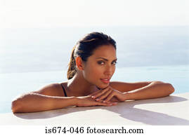 mulher, descansar, a, borda, de, piscina