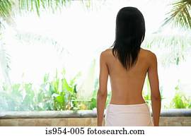 mulher, ligado, sacada, em, spa saúde