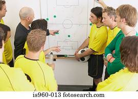 treinador, discutir, estratégia, com, equipe futebol