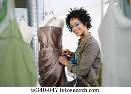 desenhista moda, trabalhar, um, vestido