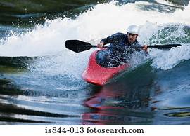 homem, kayaking, ligado, rio