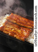 Still life with steamed white rice and fish