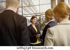 Business team greeting young female business client