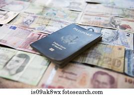 Banknotes of various countries and U.S. passport