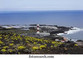 Coastline with Teneguia saltworks, old and new lighthouse, south cape Punta de Fuencaliente, La Palma, Canary Islands, Spain, Europe