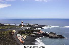 Coastline with Teneguia saltworks, old and new lighthouse, south cape Punta de Fuencaliente, La Palma, Canary Islands, Spain, Europe