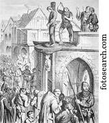 Man in the pillory on the Gerichtslaube building in Berlin in medieval times, historical engraving, 1883