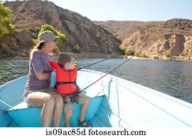 Mother and son on fishing trip