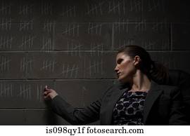 Businesswoman and chalk marks on wall