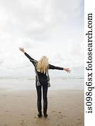 mulher, em, a, costa