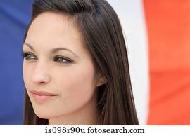 mulher jovem, e, bandeira francesa