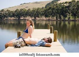 par, desfrutando, lakeside, férias