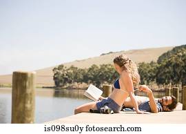 par, desfrutando, lakeside, férias