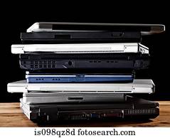 pilha, de, computadores laptop