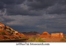 View of location sign and storm clouds in Capitol Reef National Park, Torrey, Utah, USA