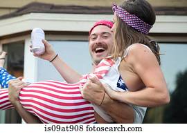 par, desgastar, bandeira americana, traje, celebrando, dia independência, eua